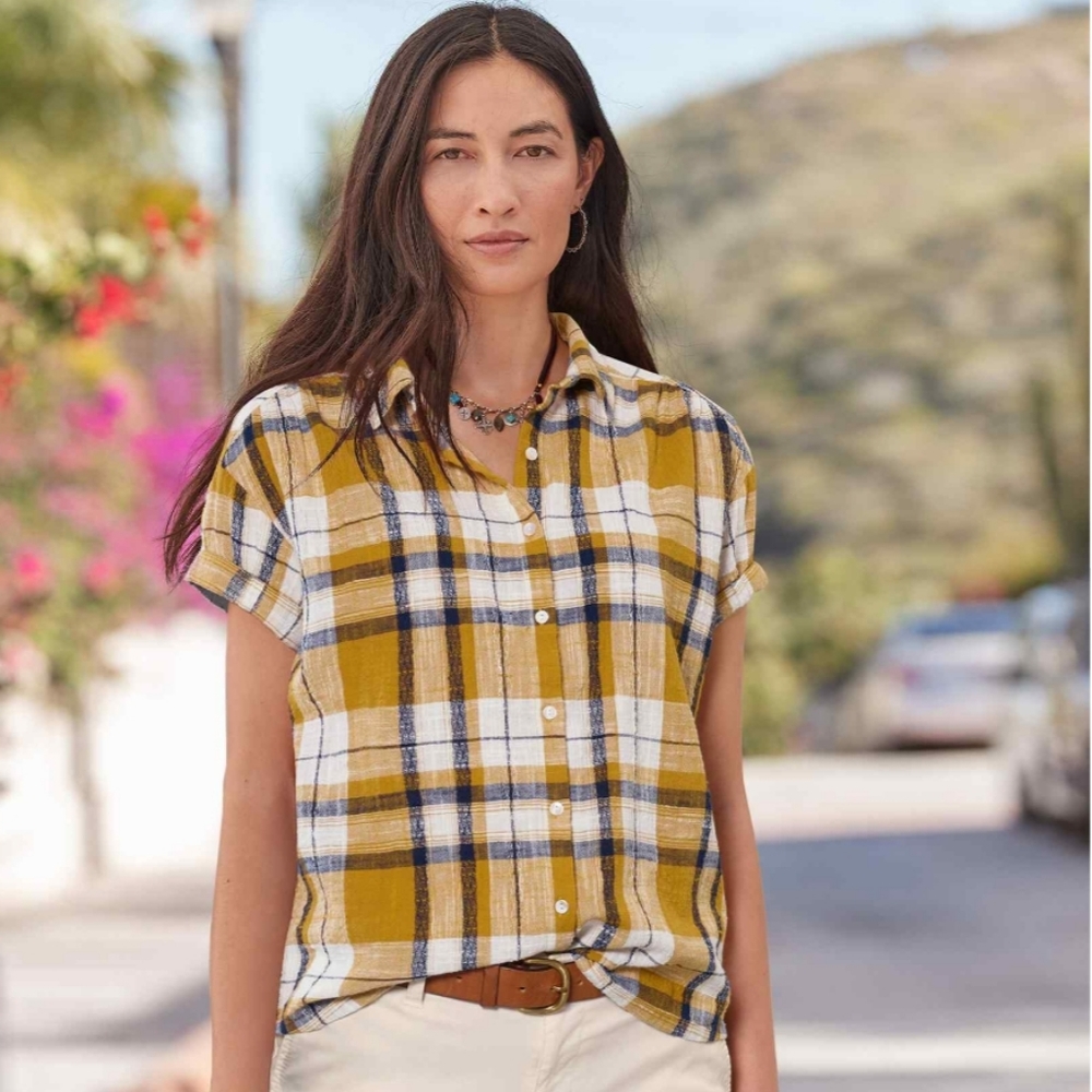 Small Yellow & Blue Short Sleeve Button Up Plaid - Picture 1 of 4